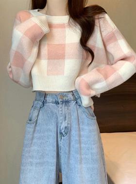 粉色格子截短款毛衣女秋冬高腰针织打底衫小个子上衣