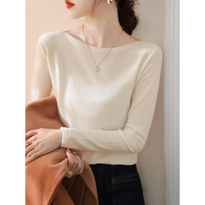 法式一字领修身长袖毛衣