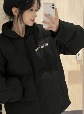 黑色百搭立领羽绒棉服女大童冬季初中高中学生宽松外套面包服棉袄