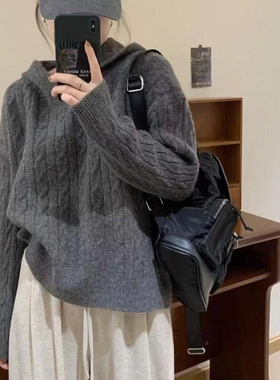 慵懒风复古灰色连帽针织毛衣女秋冬季2025新款小个子内搭打底上衣