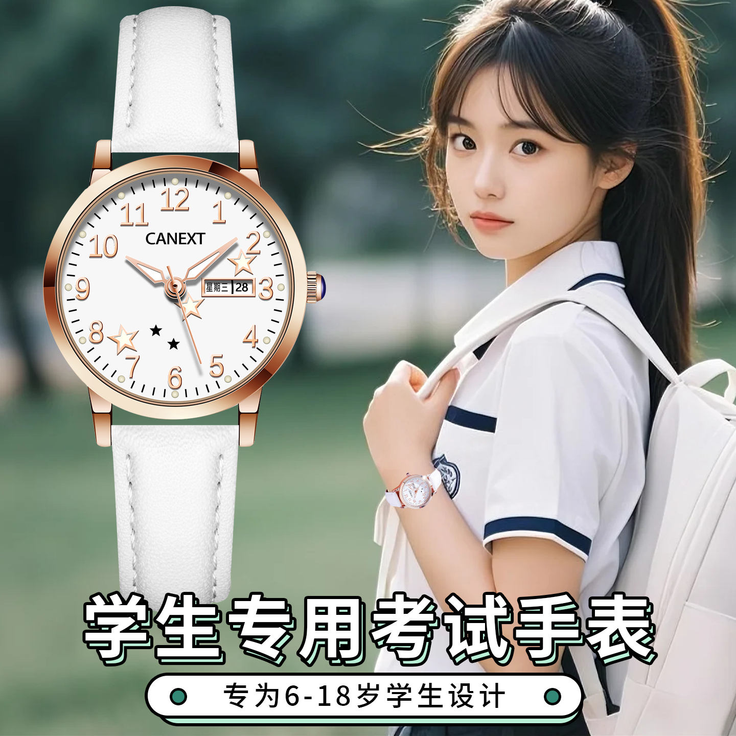 初高中学生手表女款考试专用只看时间女孩可爱静音儿童石英表防水