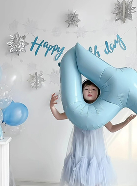 32寸婴儿蓝色数字气球女孩宝宝周岁生日装饰场景布置户外拍照道具