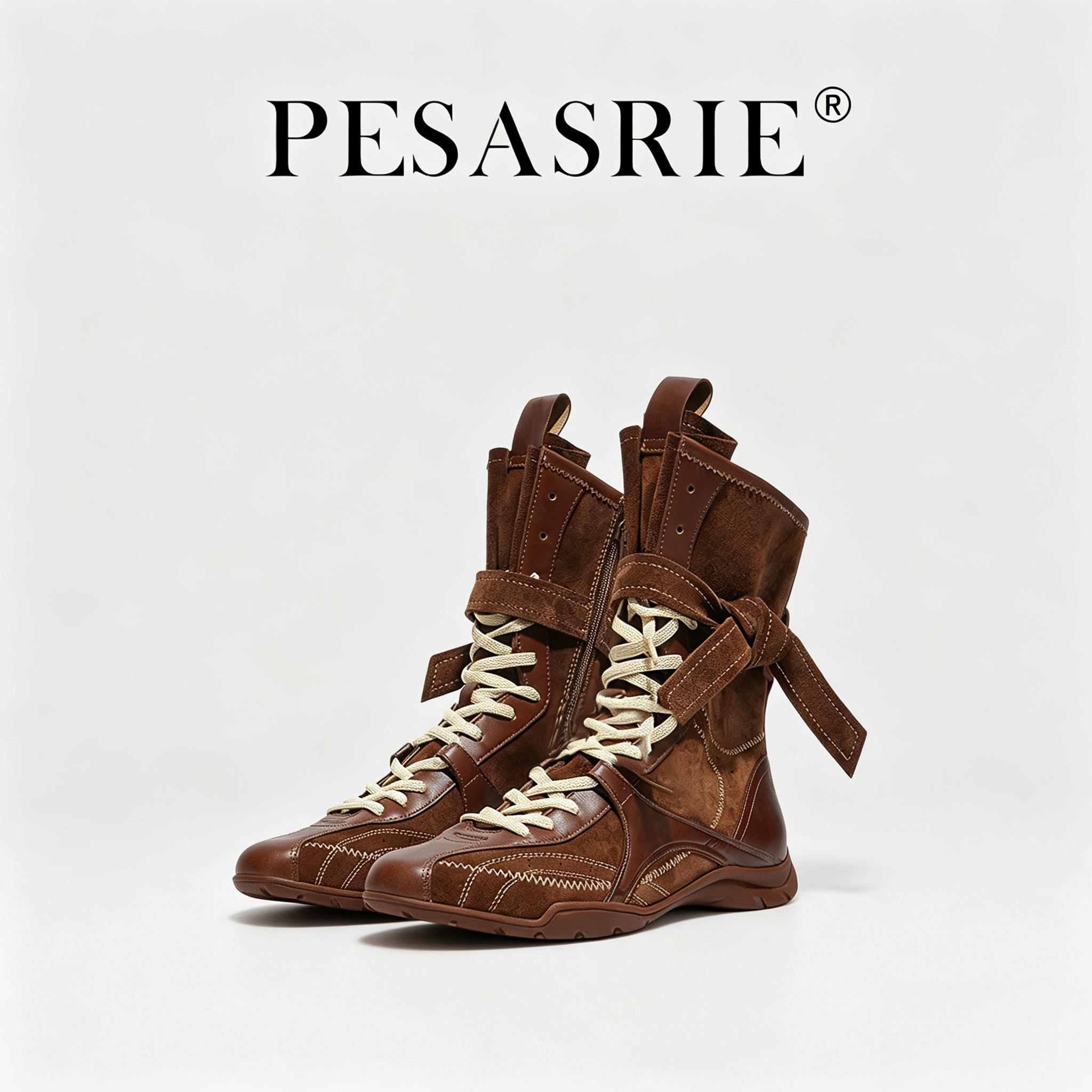 PESASRIE/柏萨尼内增高马丁靴女新款美拉德绑带中筒短靴拳击靴