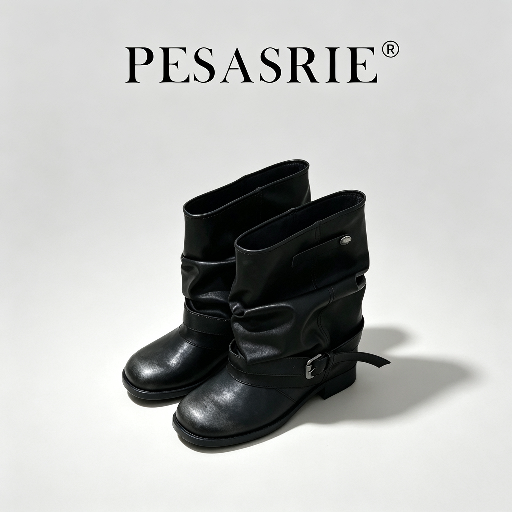 PESASRIE/柏萨尼复古内增高西部堆堆靴新款秋冬皮带扣圆头短靴女