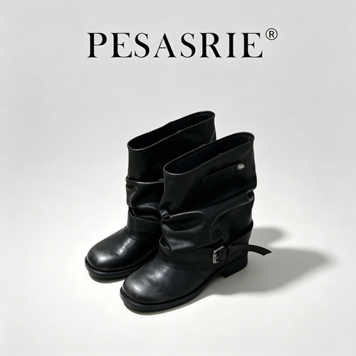 PESASRIE/柏萨尼复古内增高西部堆堆靴新款秋冬皮带扣圆头短靴女