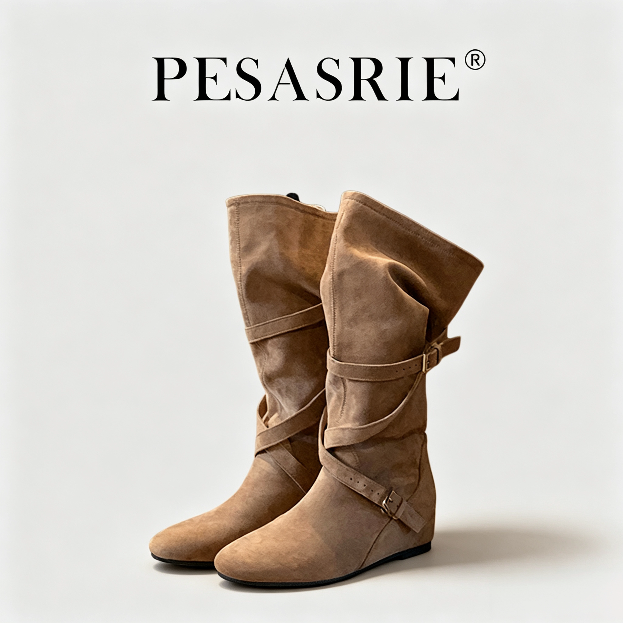 PESASRIE/柏萨尼新款中筒褶皱复古堆堆靴内增高加绒显瘦高筒靴女