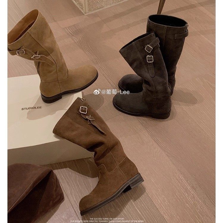 葡萄妈 增高4cm~ 立体圆头拉链皮带扣粗跟骑士靴女秋冬真皮中筒靴,女鞋,骑士靴,淘宝优惠券,粉丝福利购,淘宝优惠卷