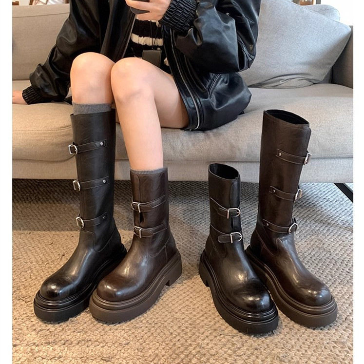 葡萄妈同款 扣子靴~6cm厚底机车中高筒加绒长靴骑士靴女真皮短靴,女鞋,骑士靴,淘宝优惠券,粉丝福利购,淘宝优惠卷