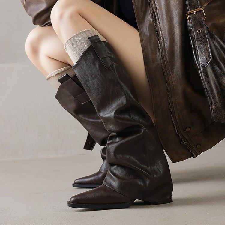 真皮版！黑色直筒裤管靴女不过膝尖头骑士靴内增高长靴v口西部靴,女鞋,骑士靴,淘宝优惠券,粉丝福利购,淘宝优惠卷