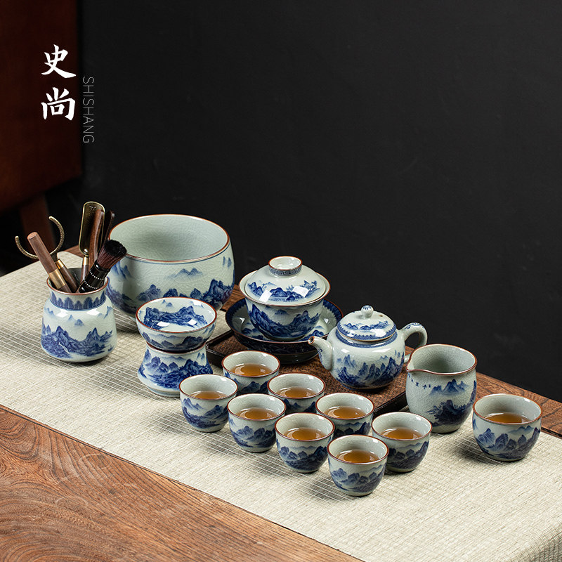 青花瓷千里江山功夫茶具大套装家用手工陶瓷泡茶壶盖碗茶杯礼盒装
