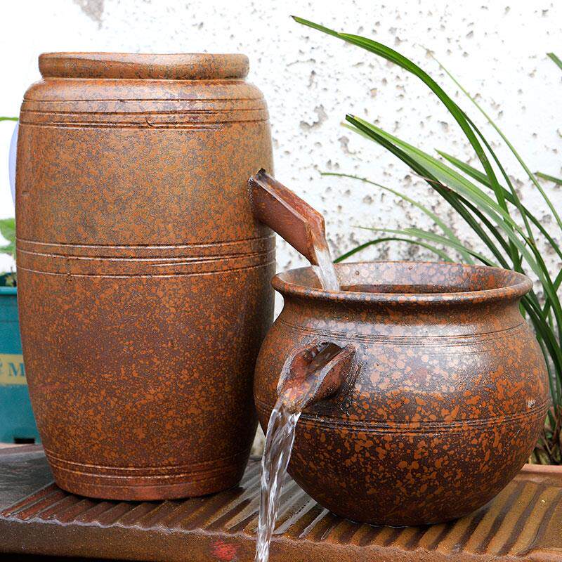 流水陶罐摆件循环水古法鱼缸鱼池造景全套养鱼陶瓷生态瀑布过滤器