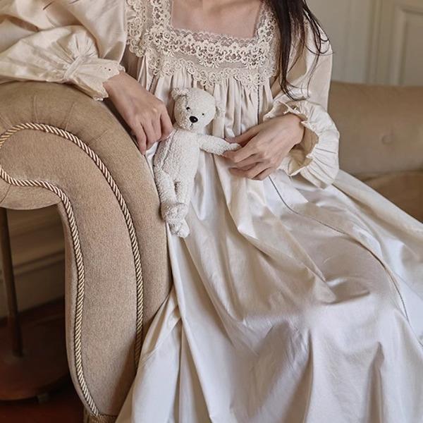 宫廷风覆古睡裙纯棉蕾丝法式慵懒唯美长版睡衣春夏甜美公主家居服