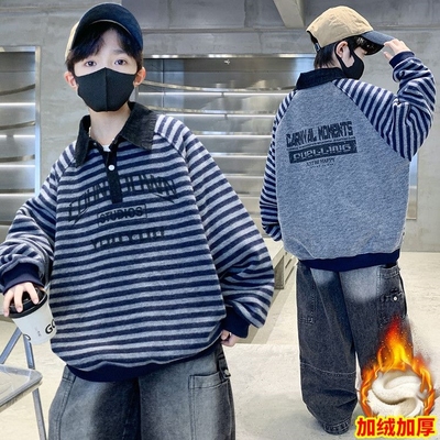 男童卫衣2025新款冬季男童加绒加厚翻领卫衣宽松中大童卫衣无帽