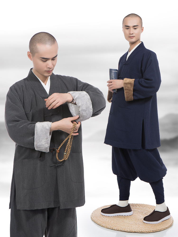 缎梵僧服装冬季加绒短褂套装男女款僧衣长褂保暖棉袄绒僧袍和尚衣