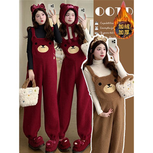 红色本命年过年孕妇连体裤女秋冬新款羊羔毛卡通加绒加厚背带裤潮