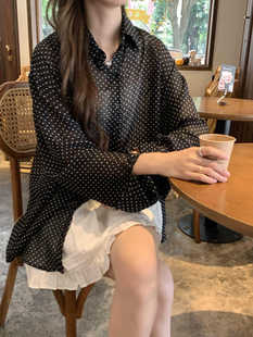 防晒上衣 波点黑色衬衫 女2024夏秋新款 POLO领气质长袖 衬衣宽松薄款