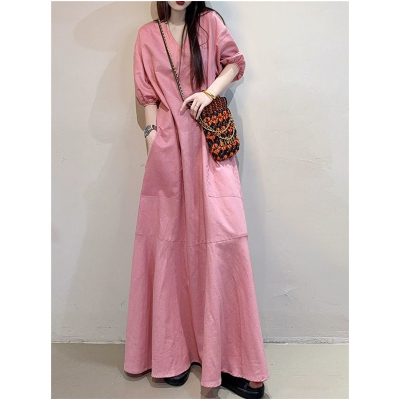 加长款及踝简约宽松大码连衣裙女2025夏季新款木系休闲百搭长裙潮