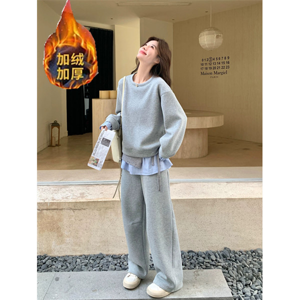 韩系学院风穿搭一整套秋冬加绒加厚时尚假两件卫衣卫裤套装两件套