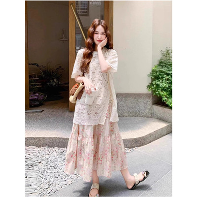 夏季穿搭一整套大码胖mm不规则蕾丝上衣碎花半身裙独特绝美两件套