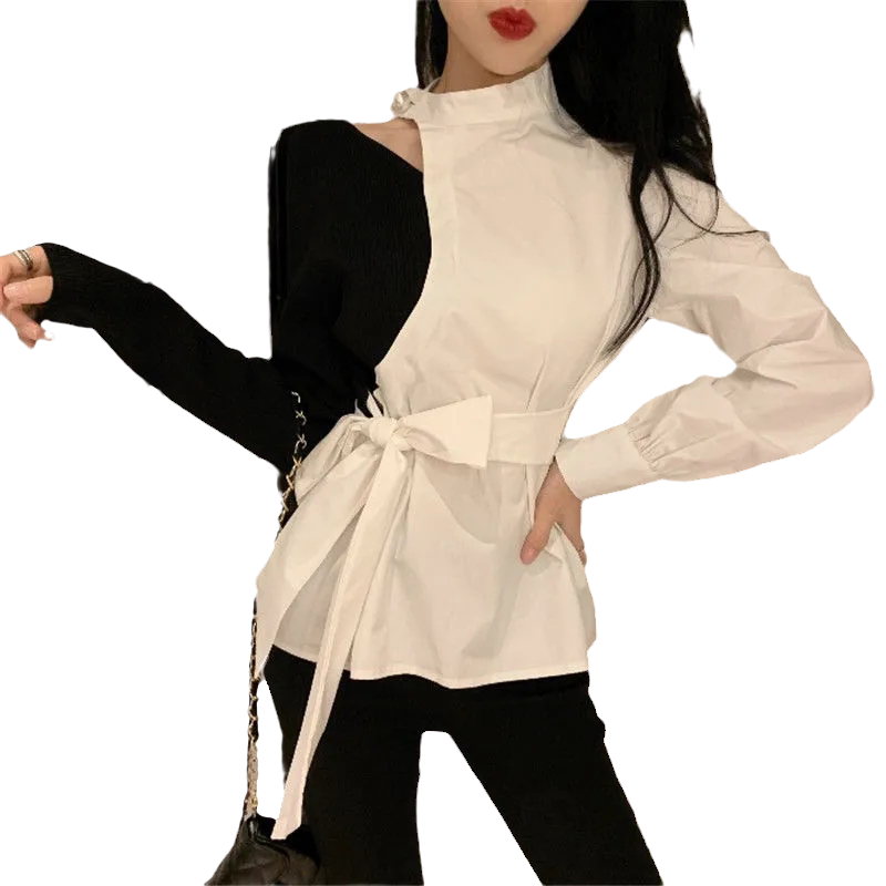 春季新款设计感小众撞色露肩百搭衬衫女长袖收腰衬衣打底时尚上衣