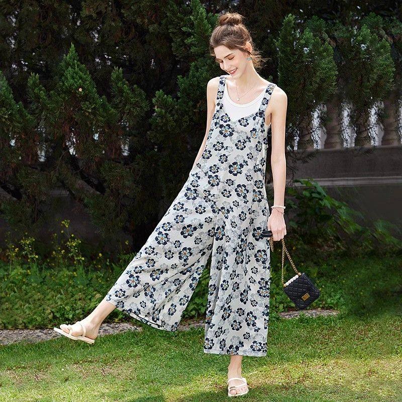 慵懒风背带式连体裤女夏装新款时尚宽松碎花吊带裤休闲阔腿裙裤潮