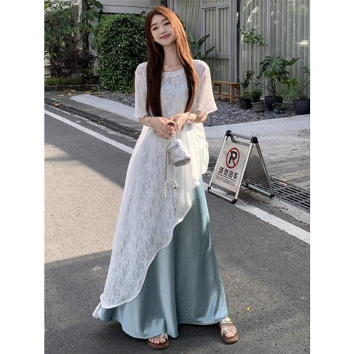 夏季穿搭一整套微胖mm法式气质不规则叠穿蕾丝衫吊带连衣裙两件套