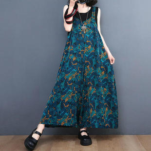 高腰显瘦垂坠感阔腿裤 2025夏季 女韩版 蓝色多巴胺印花背带裤 新款