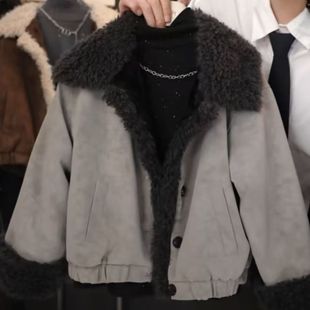 大毛领加绒加厚男女童新款 潮流外套防寒 秋冬翻领加绒皮衣时尚
