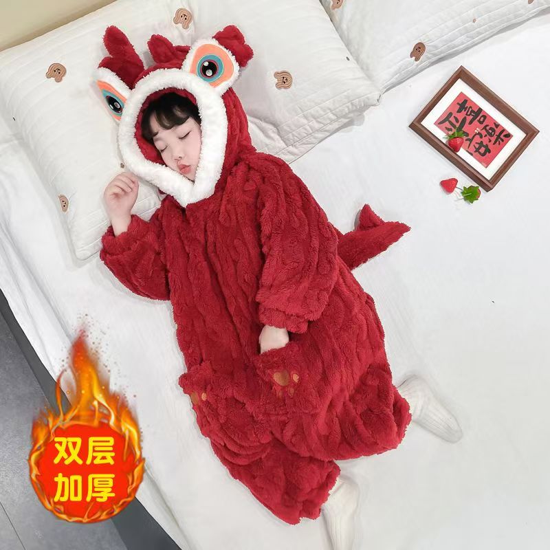 婴儿冬装外出新年装秋冬季加绒喜庆红色连体衣男女宝宝法兰绒睡衣