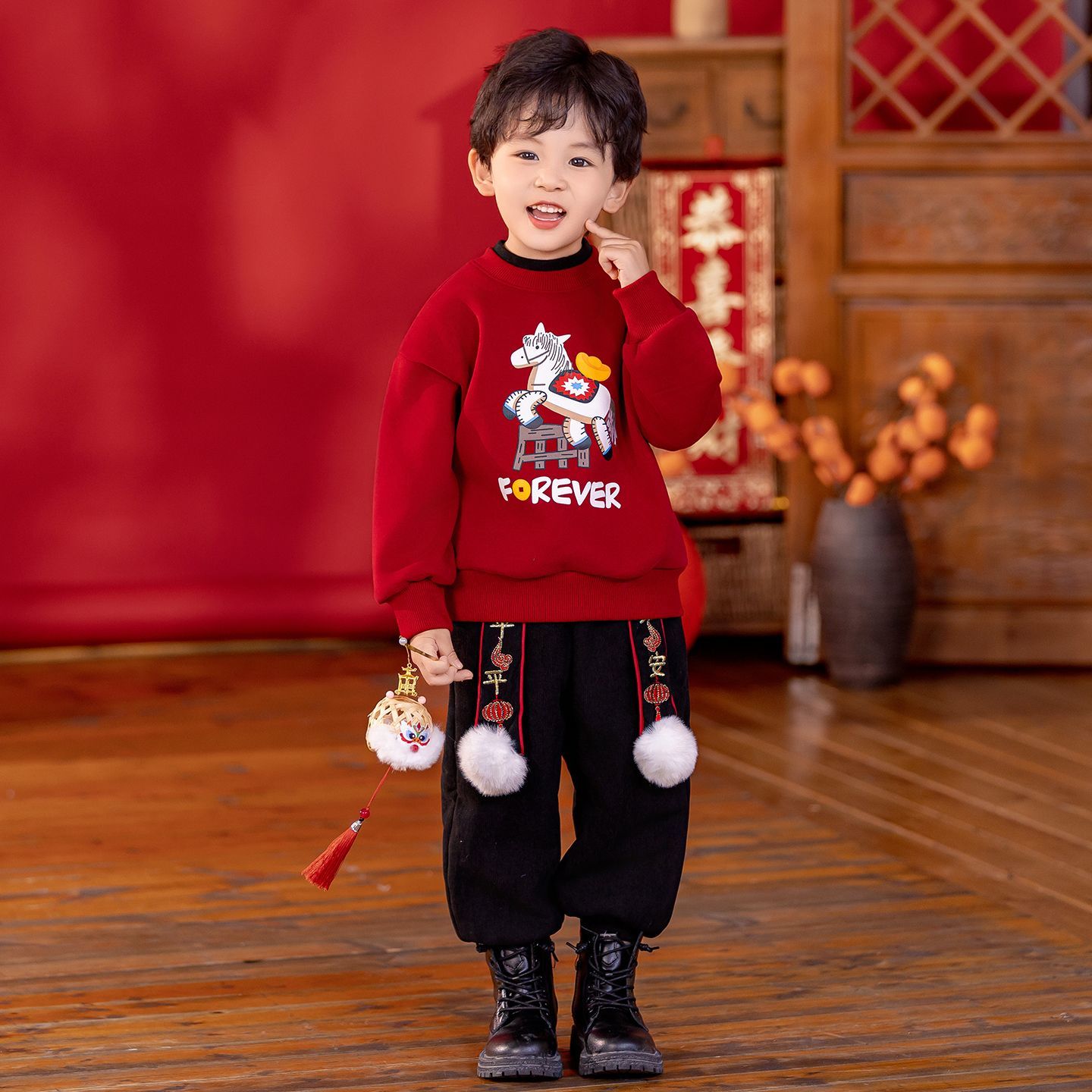 儿童拜年服元旦表演服男女童加绒套装马年2026新款宝宝红色新年装