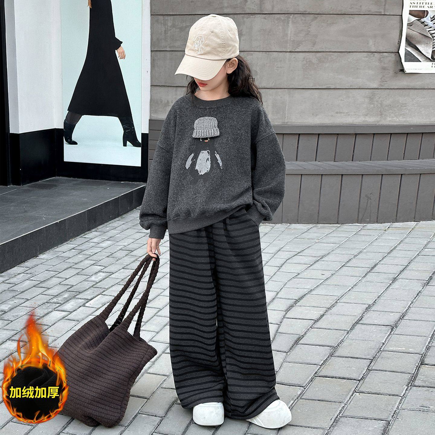 2025女童卫衣套装秋冬季韩版儿童加厚条纹裤冬季女大童加绒两件套