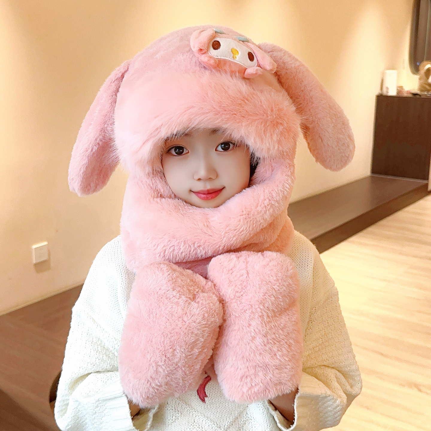 可爱兔耳朵会动儿童三件套围巾