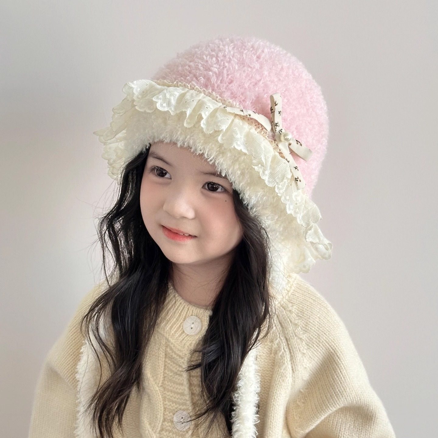 女童帽子秋冬季护耳帽宝宝针织毛绒帽小女孩花边保暖洋气护耳帽