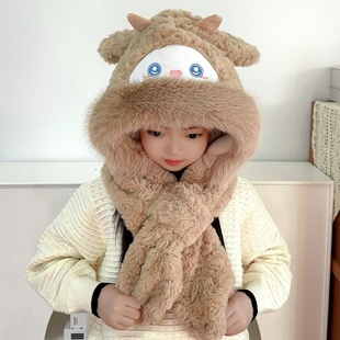 可爱萌小羊帽子围巾一体冬天滑雪保暖毛绒护耳帽骑行防寒粉色女孩