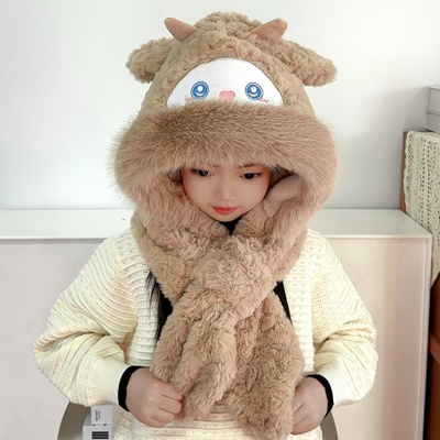 可爱萌小羊帽子围巾一体冬天滑雪保暖毛绒护耳帽骑行防寒粉色女孩