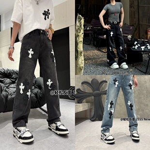 轻松反面服饰回声秋冬重磅十字架重刺绣牛仔裤直筒轻休闲中性长裤