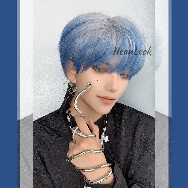 韩可可灰蓝染基佬短假发