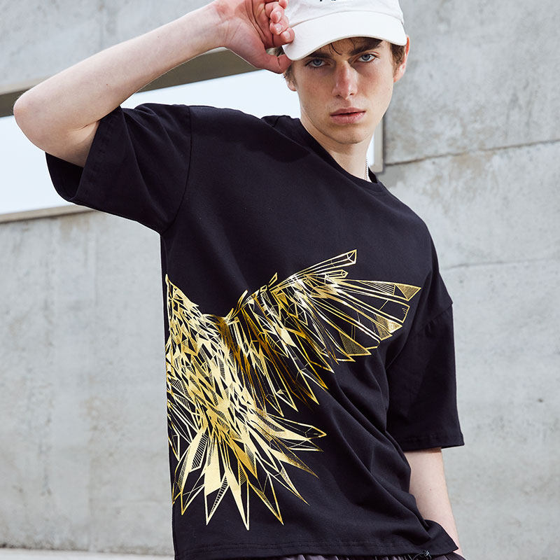 爱戏游潮牌boy短袖T恤后背烫金老鹰纯棉宽松t恤男女大码情侣装夏