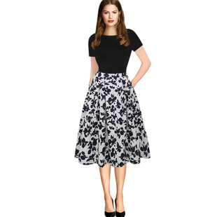 亚马逊短袖拼接圆领高腰印花大摆口袋波点蓬蓬长款修身连衣裙65