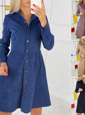 2021秋冬独立站wish亚马逊ebay 长袖单排扣衬衫灯芯绒连衣裙长裙