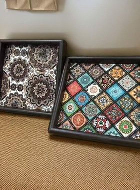 【两个装】波西米亚橙色系复古皮革茶盘桌面钥匙摆件收纳盒置物盘