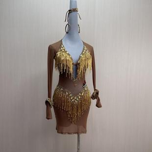 慧琳舞服拉丁舞比赛服表演国标舞演出裸色金色透视英国面料订制裙