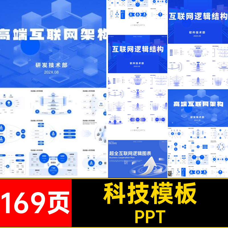 169页商务逻辑蓝色图表互联网系统科技互联网模板PPT导架构导系统