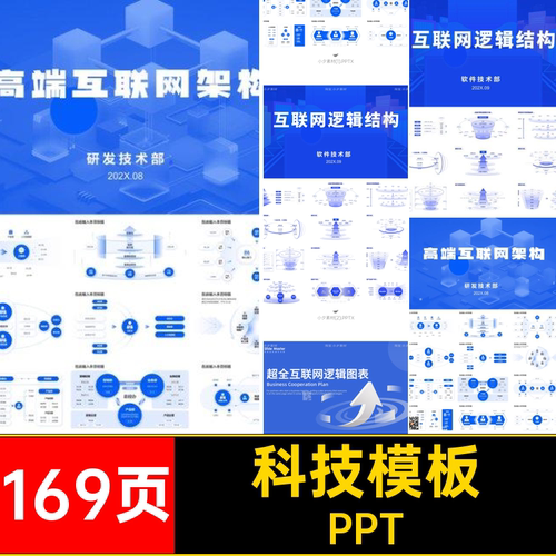 169页商务逻辑蓝色图表互联网系统科技互联网模板PPT导架构导系统
