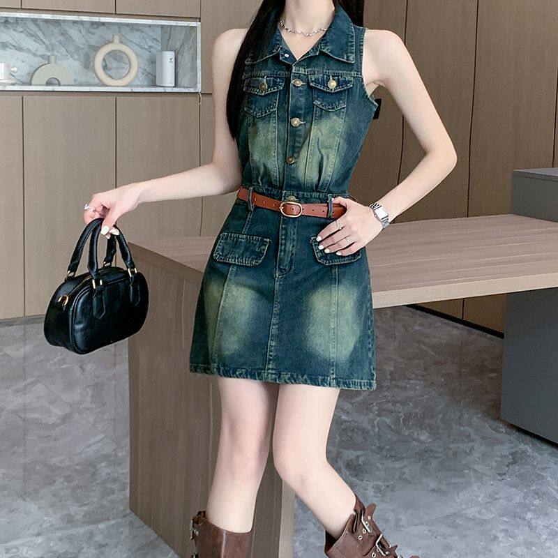 牛仔风无袖连衣裙女2026年春夏季收腰显瘦辣妹修身短裙夏季背心裙