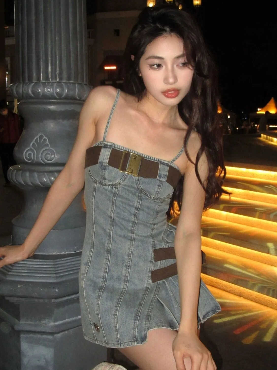 美式复古辣妹水洗牛仔连衣裙女修身高腰显瘦高级感甜辣吊带短裙潮