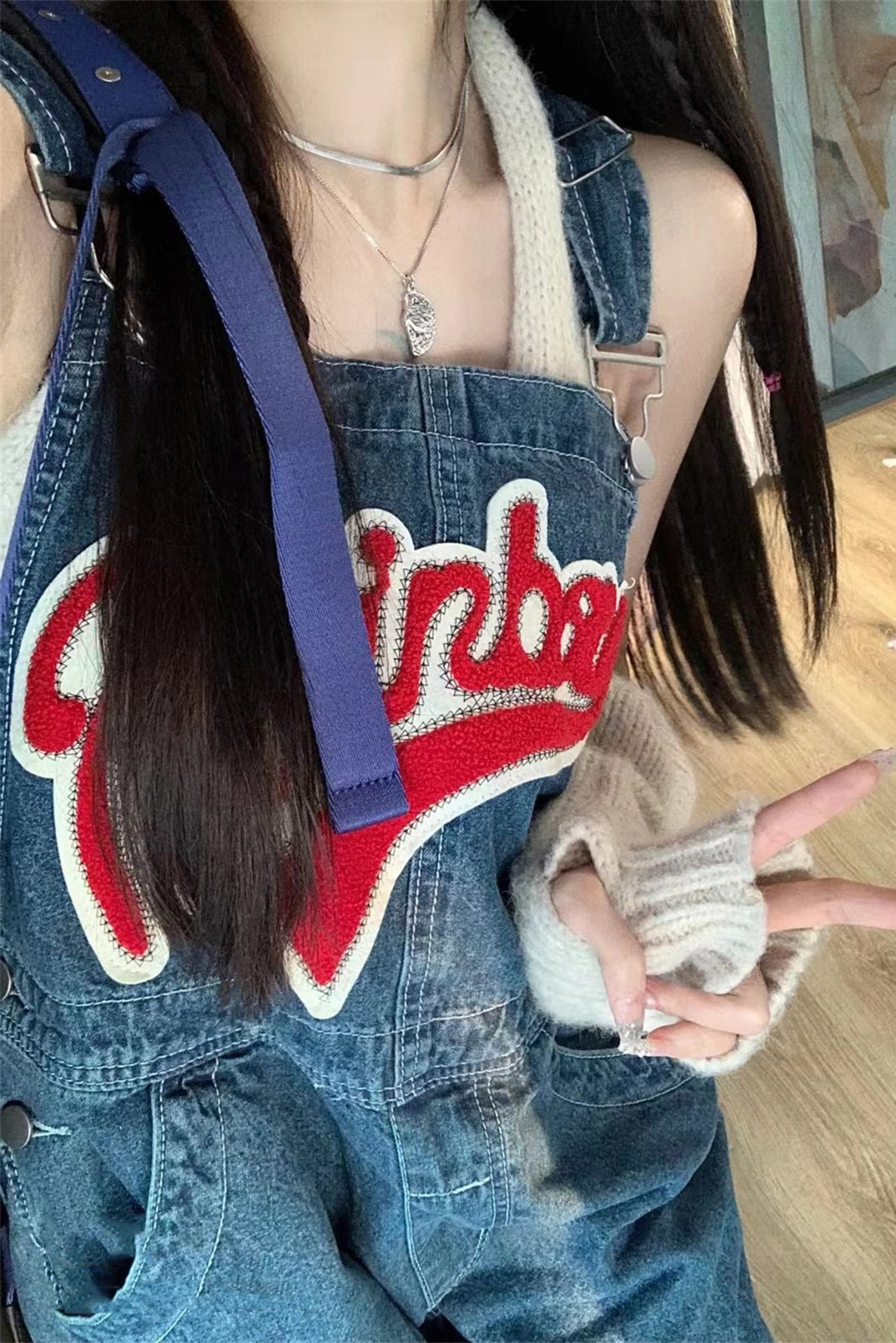 美式vibe潮牌字母刺绣牛仔背带裤女高街宽松显瘦直筒阔腿裤ins潮