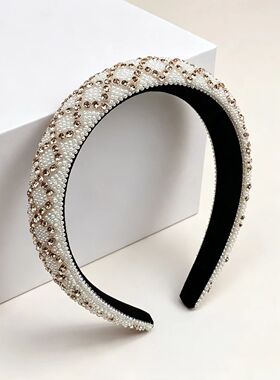 高级感满镶水钻珍珠发箍女宽边海绵不勒头气质外出压发复古头饰