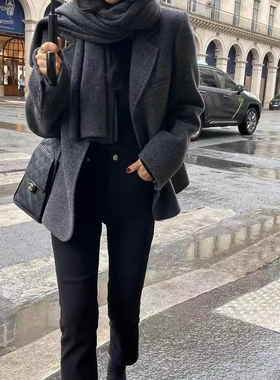 灰色毛呢外套女2025秋冬新款韩版气质加厚小个子短款西装呢子大衣