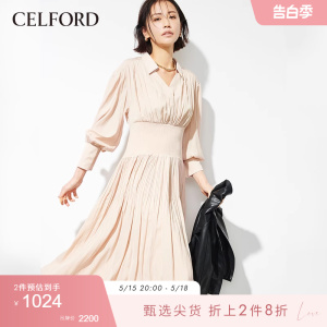 CELFORD春夏 甜美优雅百褶V领收腰长袖连衣裙CWFO221045